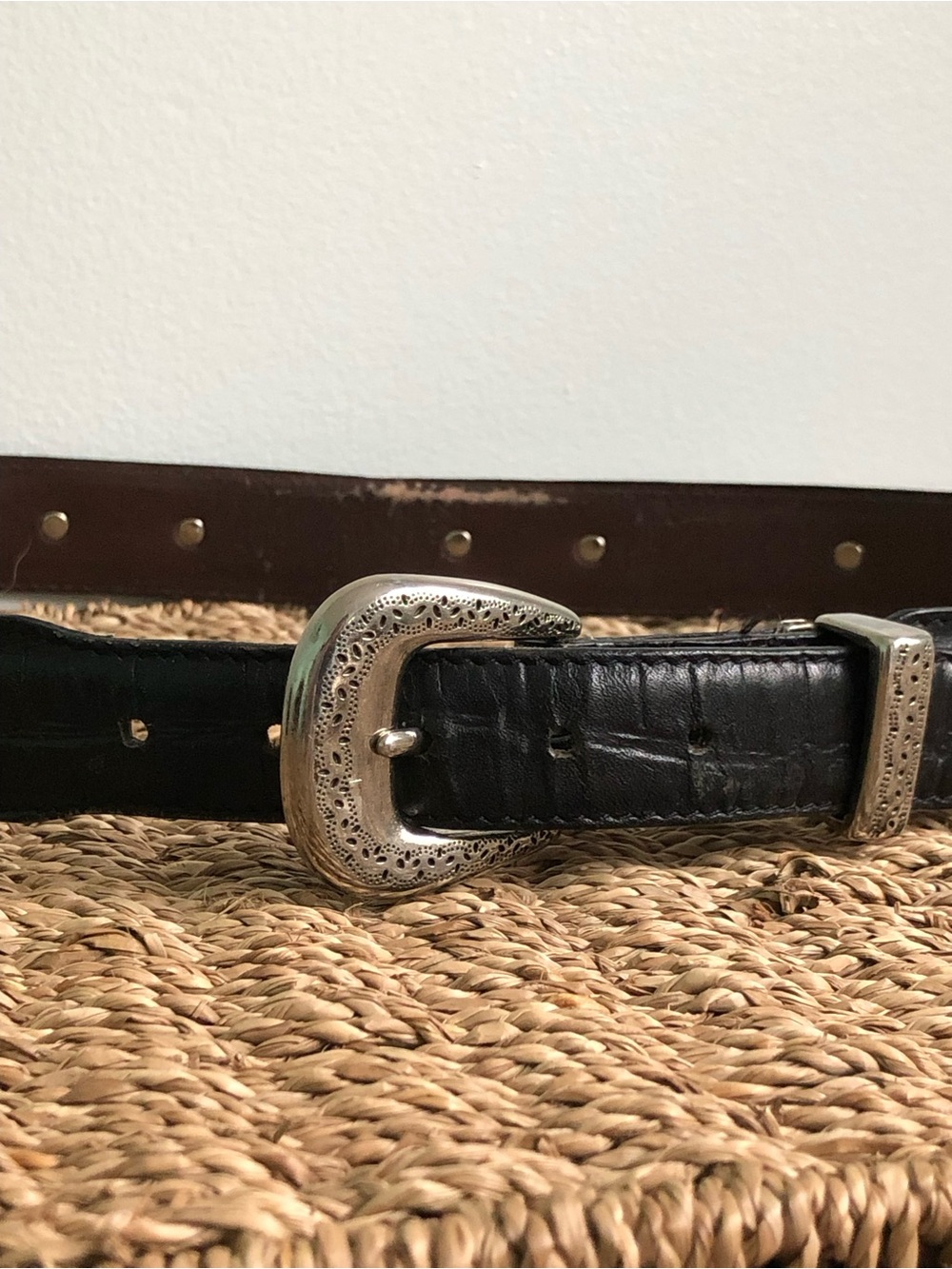 Vintage Western Black Leather Belt with Silver Buckle Rodeo Boho